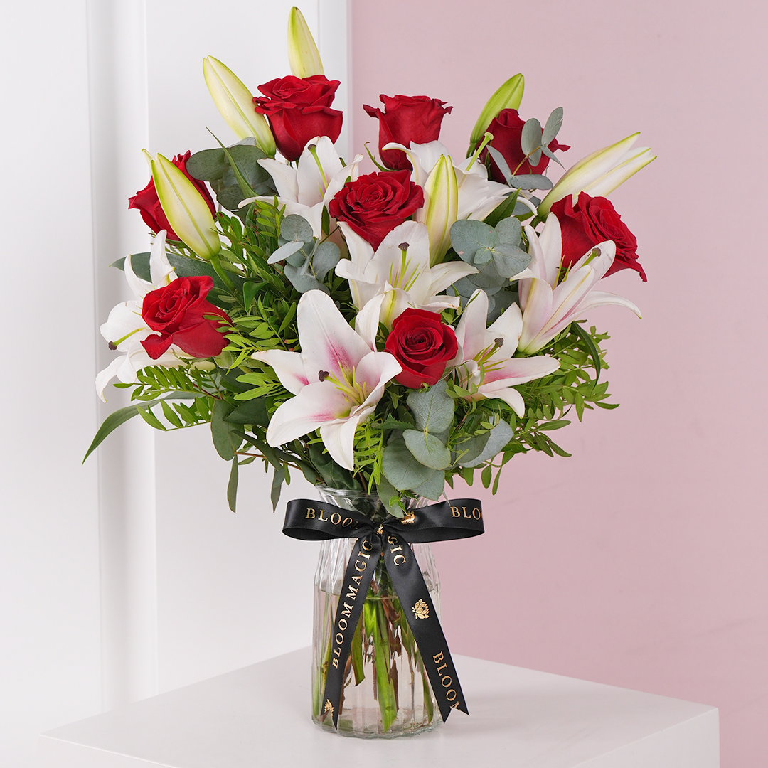 
              Red Roses and Pink Lilies - Anniversary Gift Set