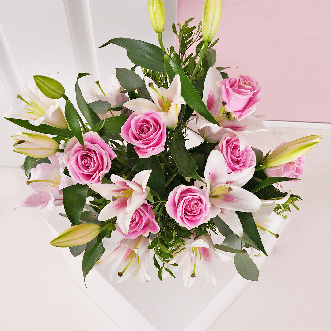 
              Sympathy Pink Roses and Pink Lilies