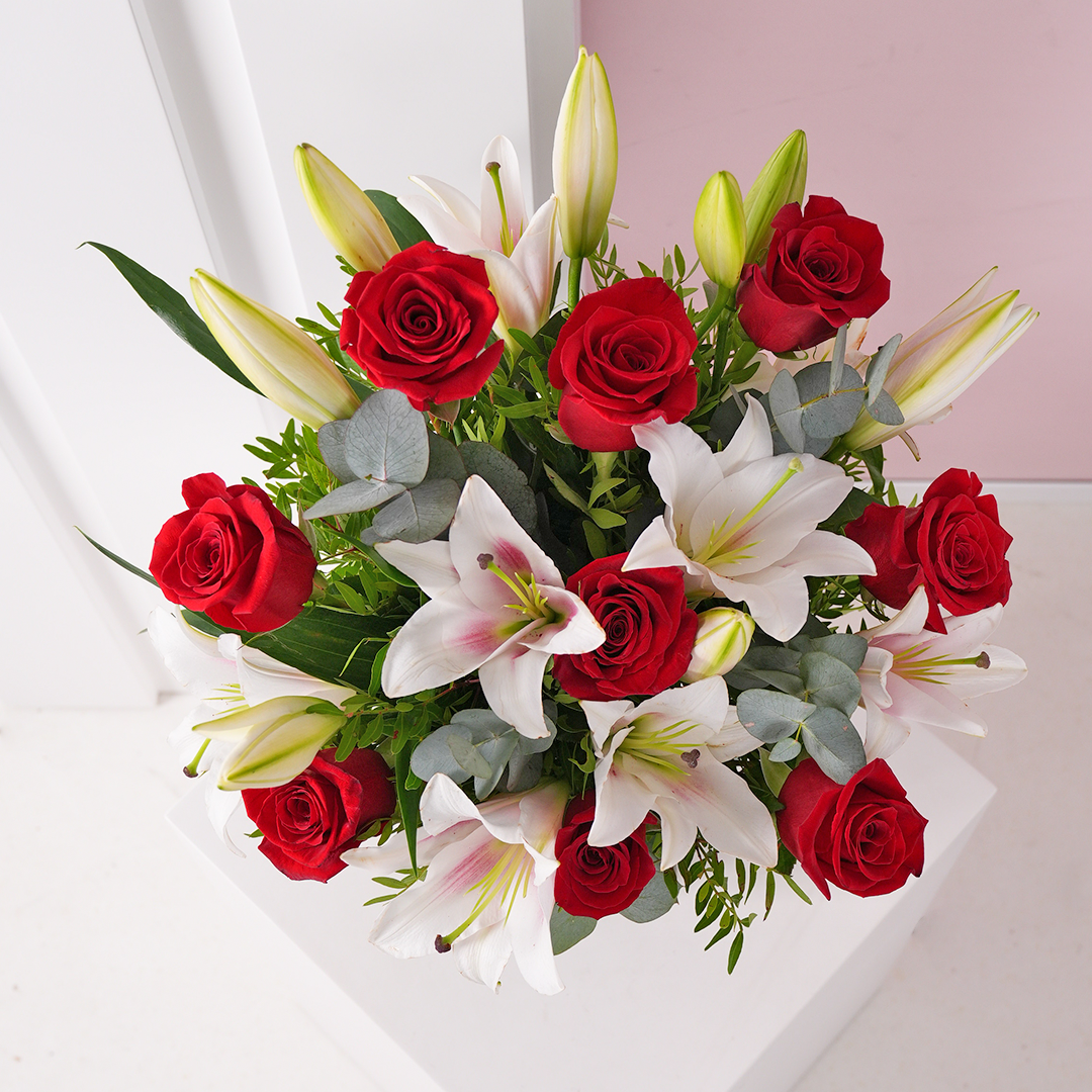 
              Red Roses and Pink Lilies